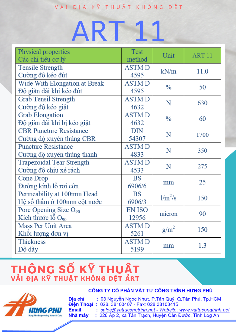 thông số vải địa kỹ thuật art11